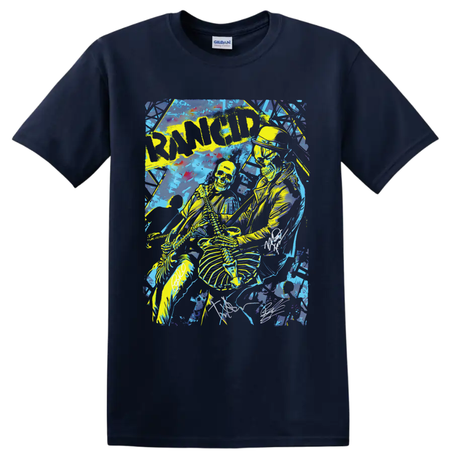 Rancid punk rock skeleton graphic with bold lettering on a Navy (Blue) T Shirt