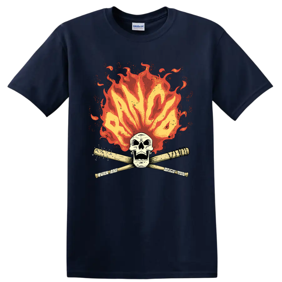 Rancid punk rock skull with crossed bats and distressed flames on a Navy (Blue) T Shirt
