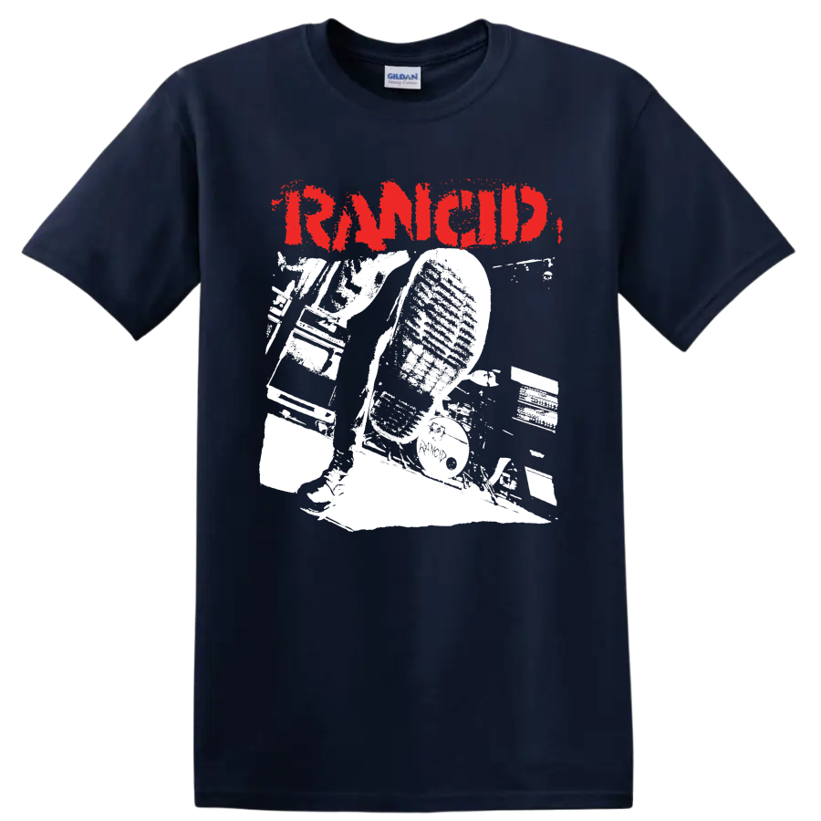 Rancid distressed red logo with bold monochrome punk rock artwork on a Navy (Blue) T Shirt