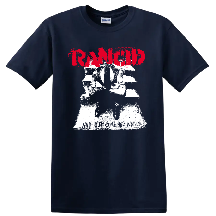 Rancid punk rock graphic with distressed red lettering and white illustration on a Navy (Blue) T Shirt