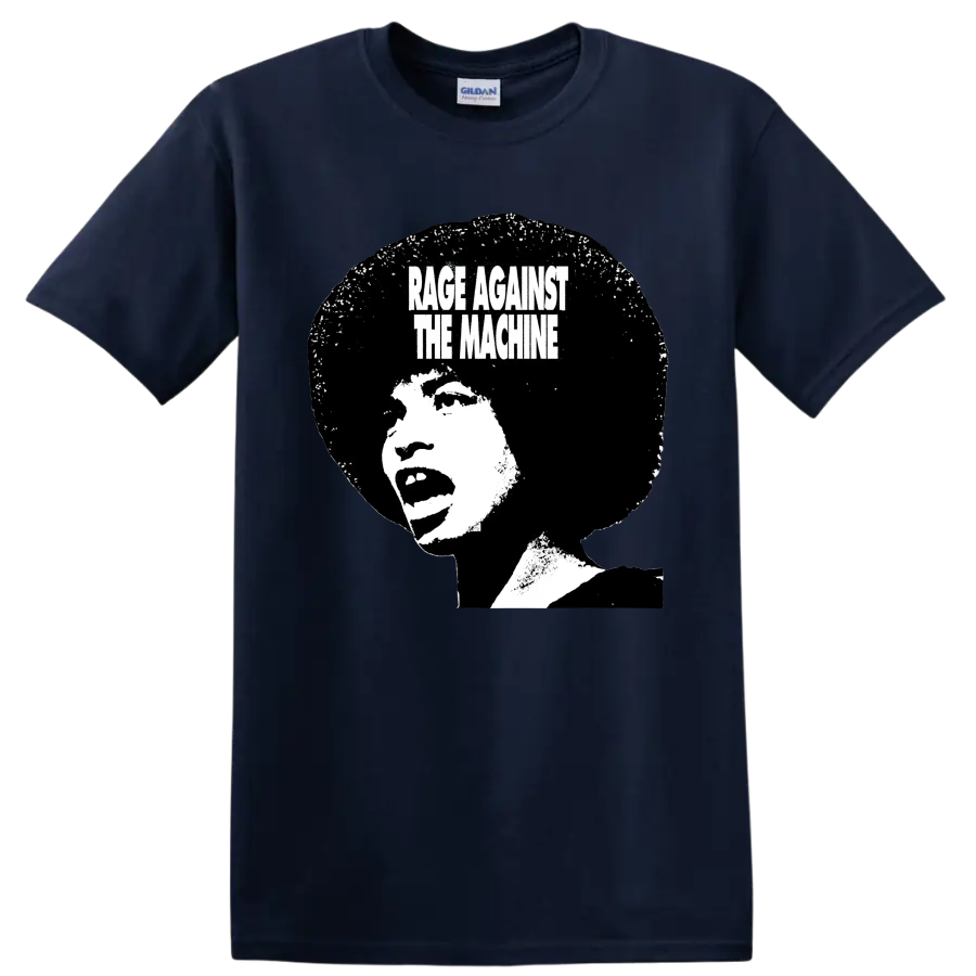 Rage Against the Machine distressed black and white portrait graphic on a Navy (Blue) T Shirt