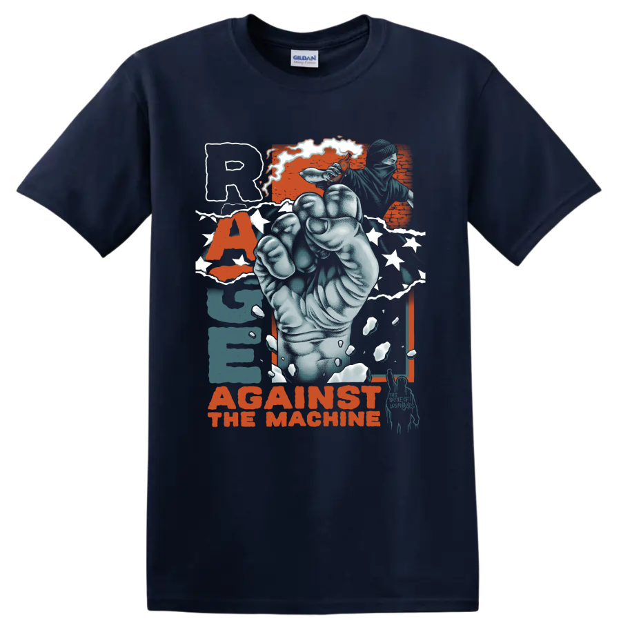 Rage Against the Machine distressed raised fist protest graphic on a Navy (Blue) T Shirt