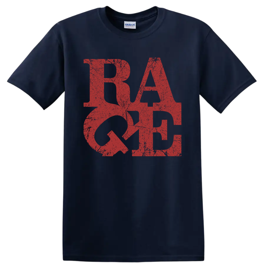 Distressed red RATM logo graphic print on a Navy (Blue) T Shirt