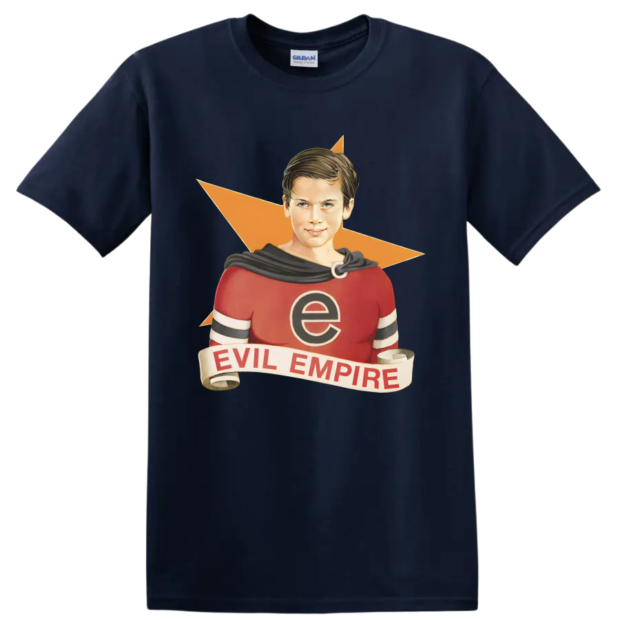 Rage Against the Machine Evil Empire vintage comic-style superhero graphic on a Navy (Blue) T Shirt