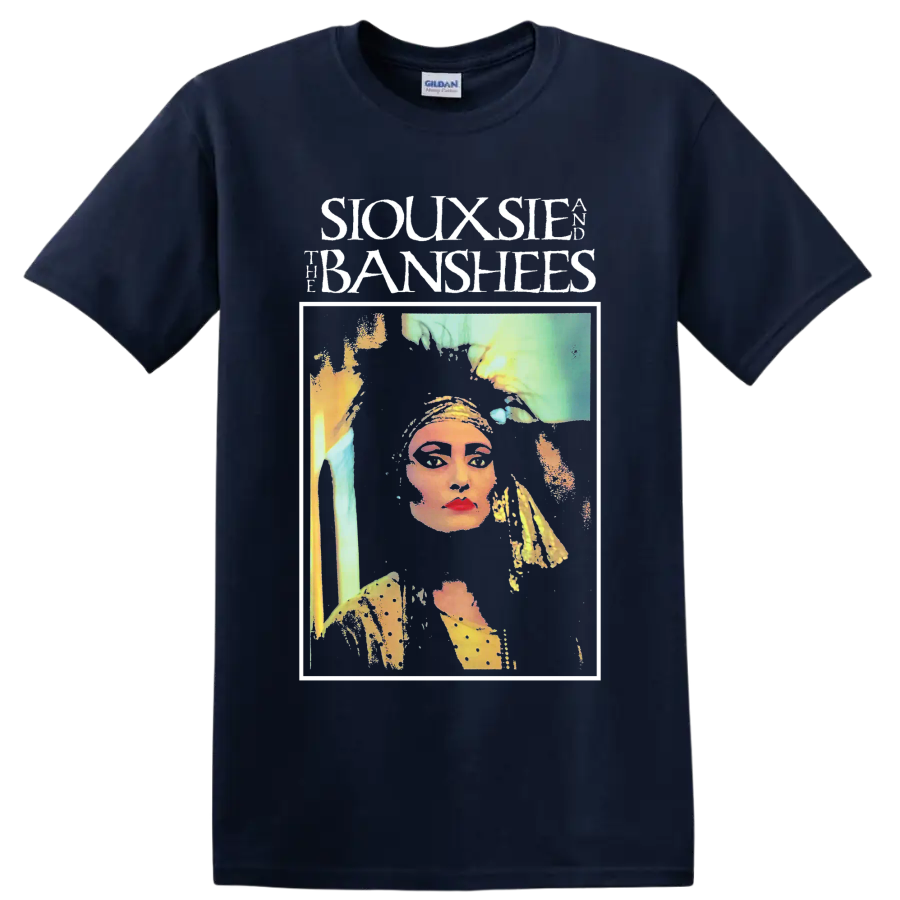 Siouxsie and the Banshees punk rock portrait graphic with bold lettering on a Navy (Blue) T Shirt