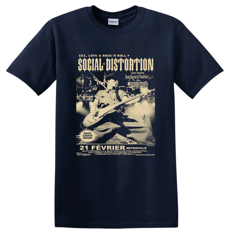 Social Distortion punk rock distressed graphic print on a Navy (Blue) T Shirt