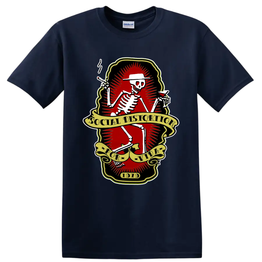 Social Distortion skeleton punk rock band logo with vintage banners on a Navy (Blue) T Shirt