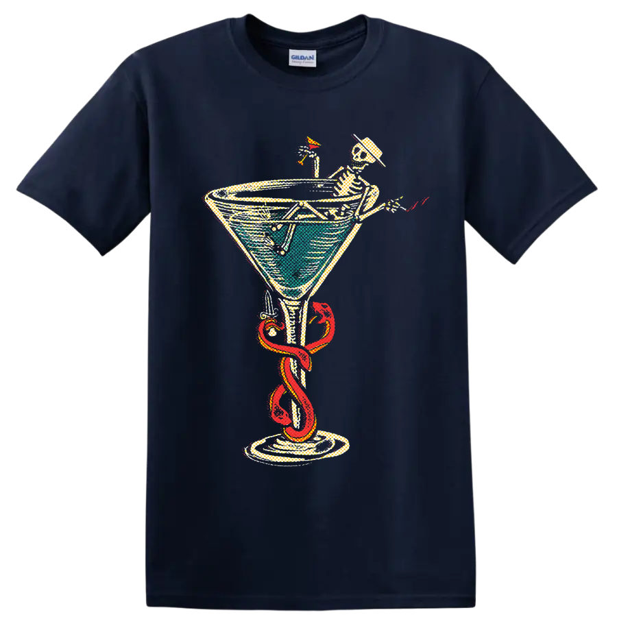 Social Distortion punk rock skeleton cocktail graphic with red snake on a Navy (Blue) T Shirt