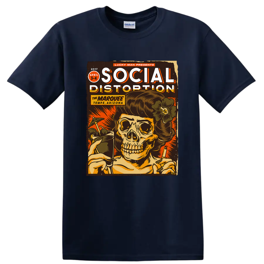 Social Distortion vintage punk rock skull poster graphic on a Navy (Blue) T Shirt