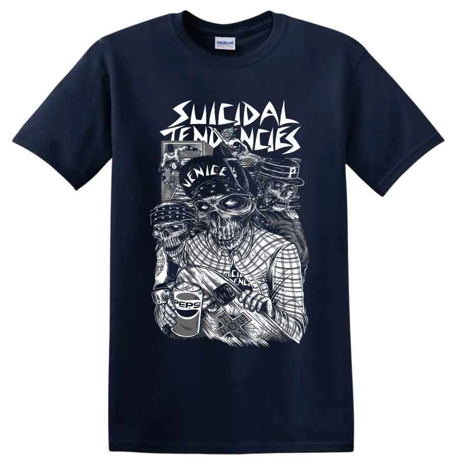 Suicidal Tendencies punk rock band graphic with illustrated figures on a Navy (Blue) T Shirt