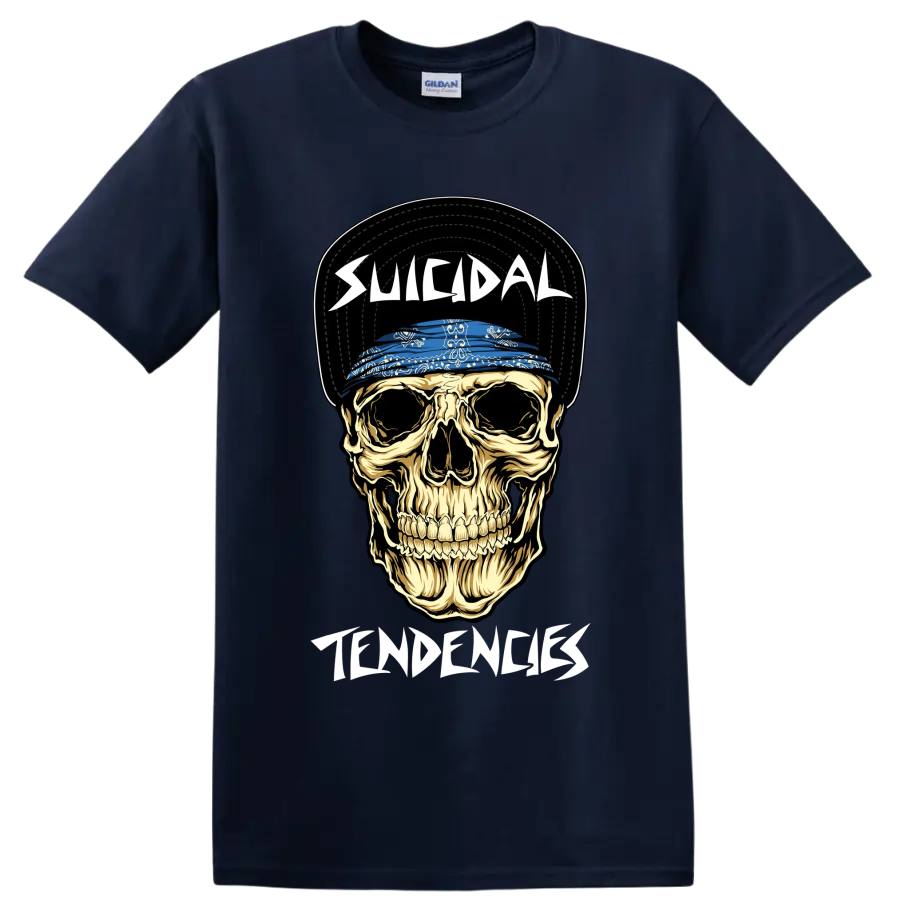 Suicidal Tendencies skull graphic with blue bandana and bold lettering on a Navy (Blue) T Shirt