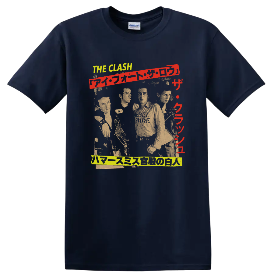The Clash punk rock graphic with performer silhouettes and red lettering on a Navy (Blue) T Shirt