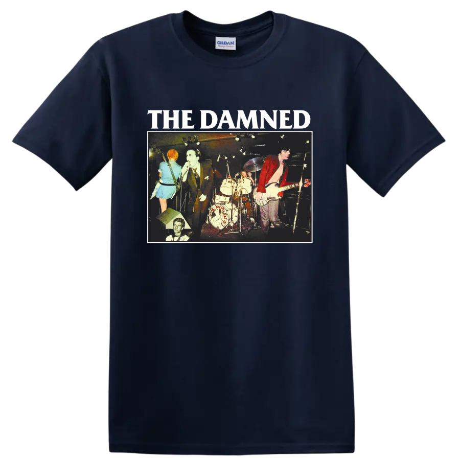The Damned vintage punk rock live concert graphic with band lettering on a Navy (Blue) T Shirt
