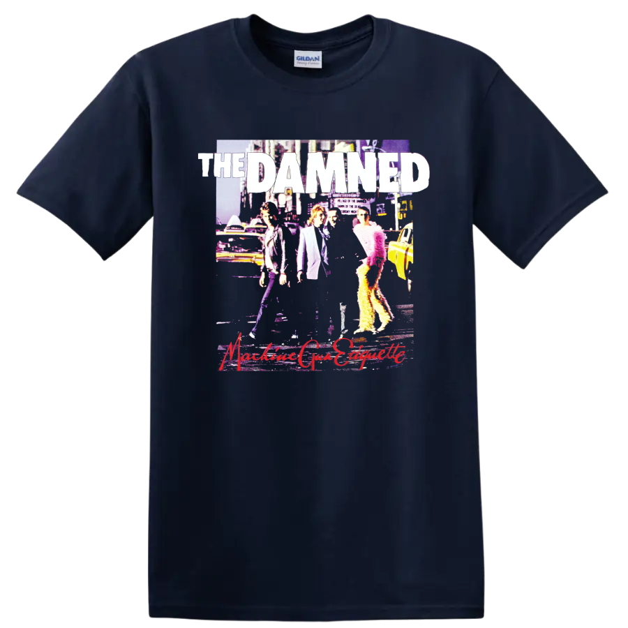 The Damned punk rock band graphic with bold white lettering and vivid collage art on a Navy (Blue) T Shirt