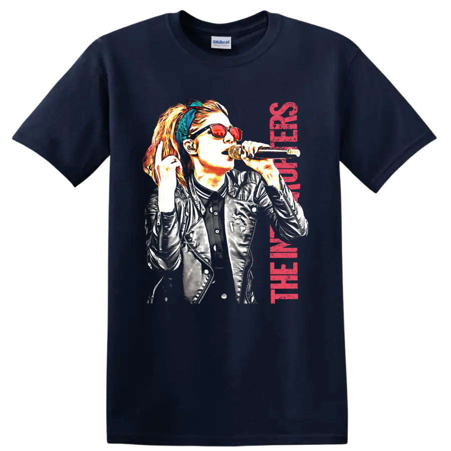 The Interrupters punk rock singer graphic with microphone and red lettering on a Navy (Blue) T Shirt