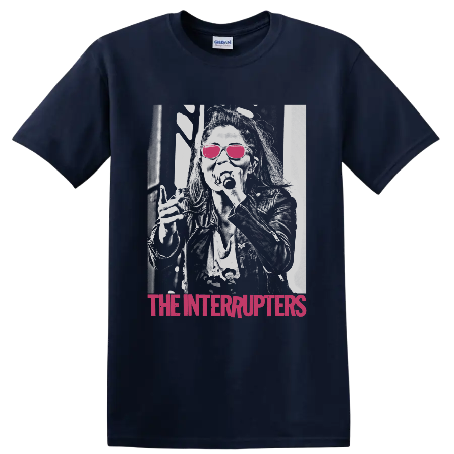 The Interrupters distressed punk rock portrait with pink sunglasses and magenta text on a Navy (Blue) T Shirt