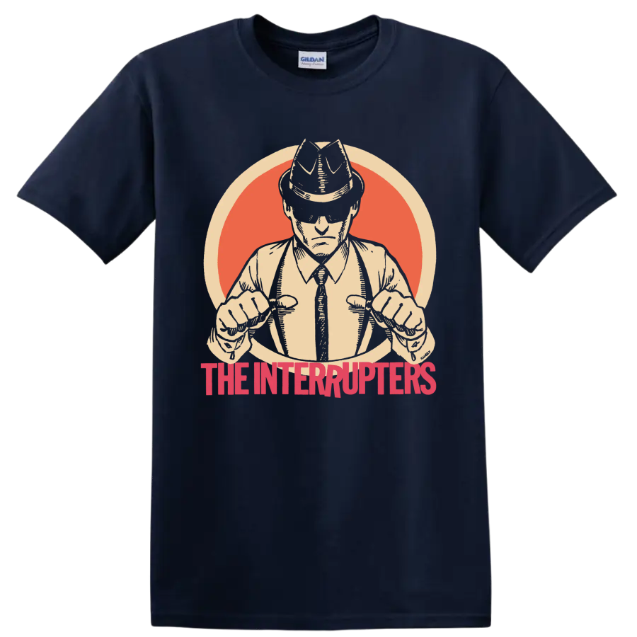 The Interrupters punk rock band graphic with hat-wearing figure and red lettering on a Navy (Blue) T Shirt