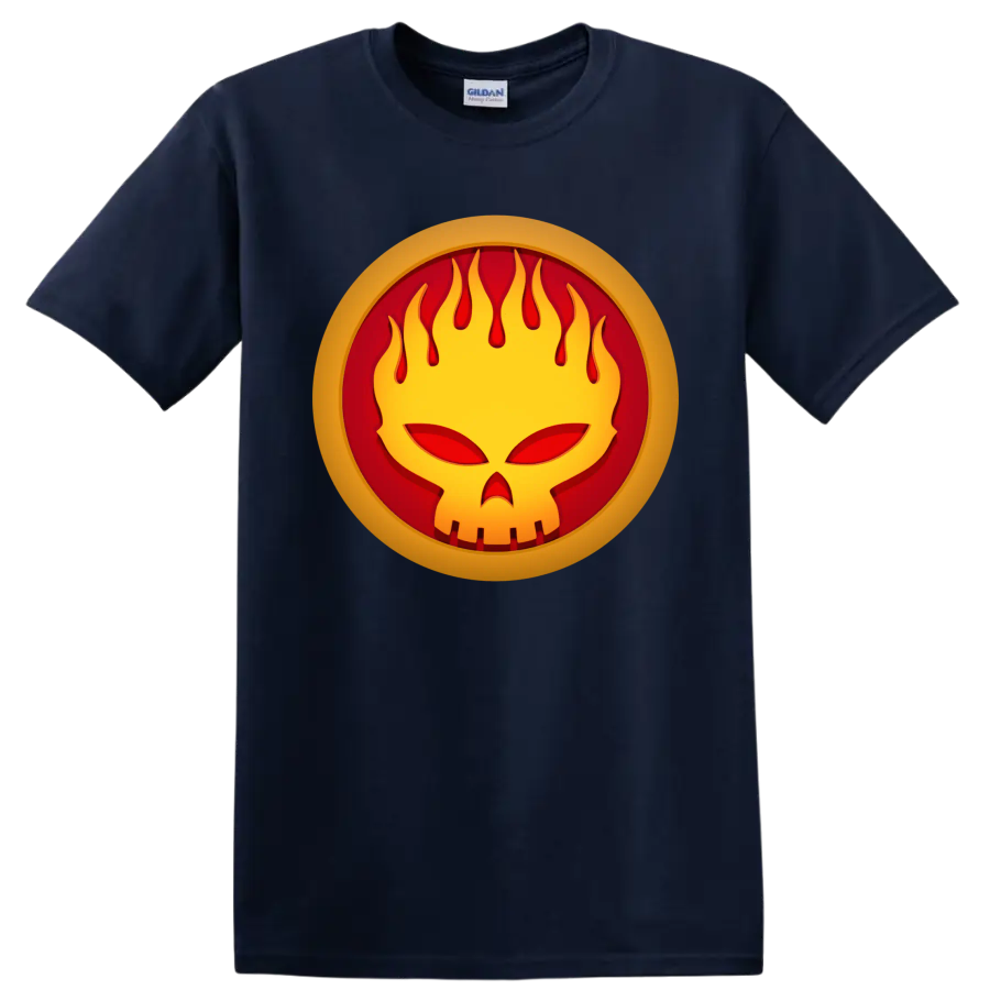 The Offspring flaming face punk rock logo graphic on a Navy (Blue) T Shirt