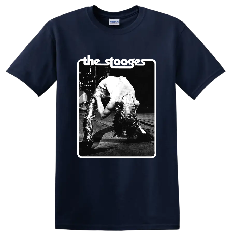The Stooges black-and-white punk rock live performance graphic on a Navy (Blue) T Shirt
