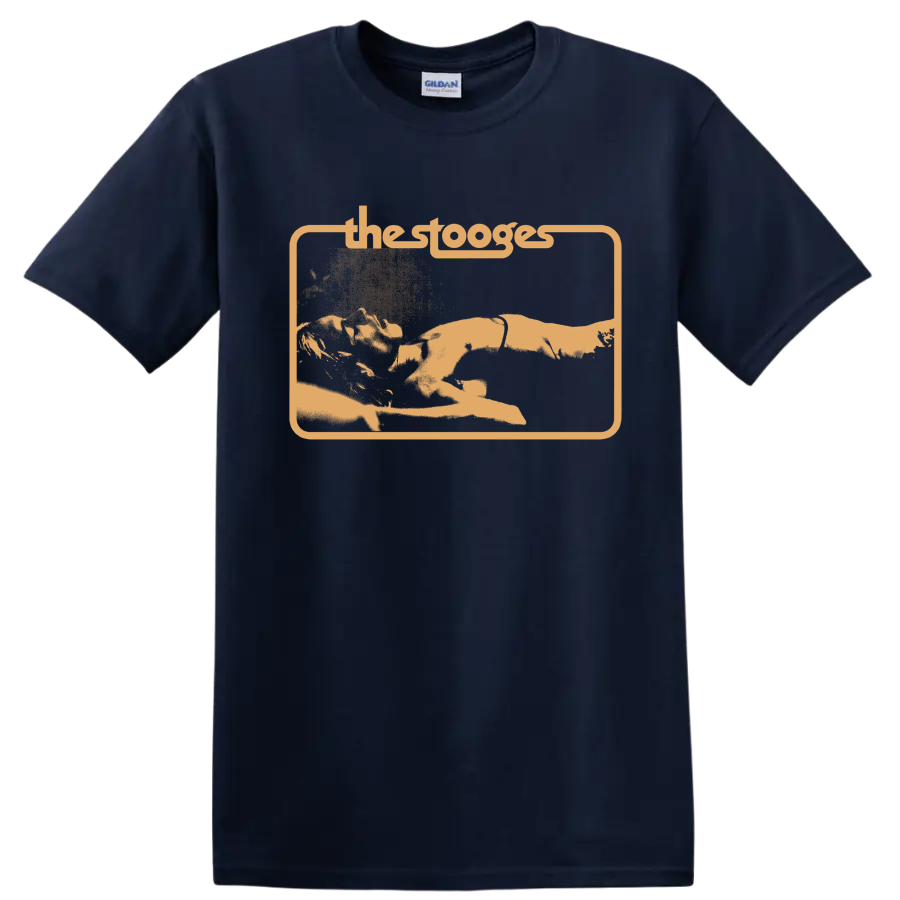 The Stooges distressed punk rock band graphic with framed lettering on a Navy (Blue) T Shirt