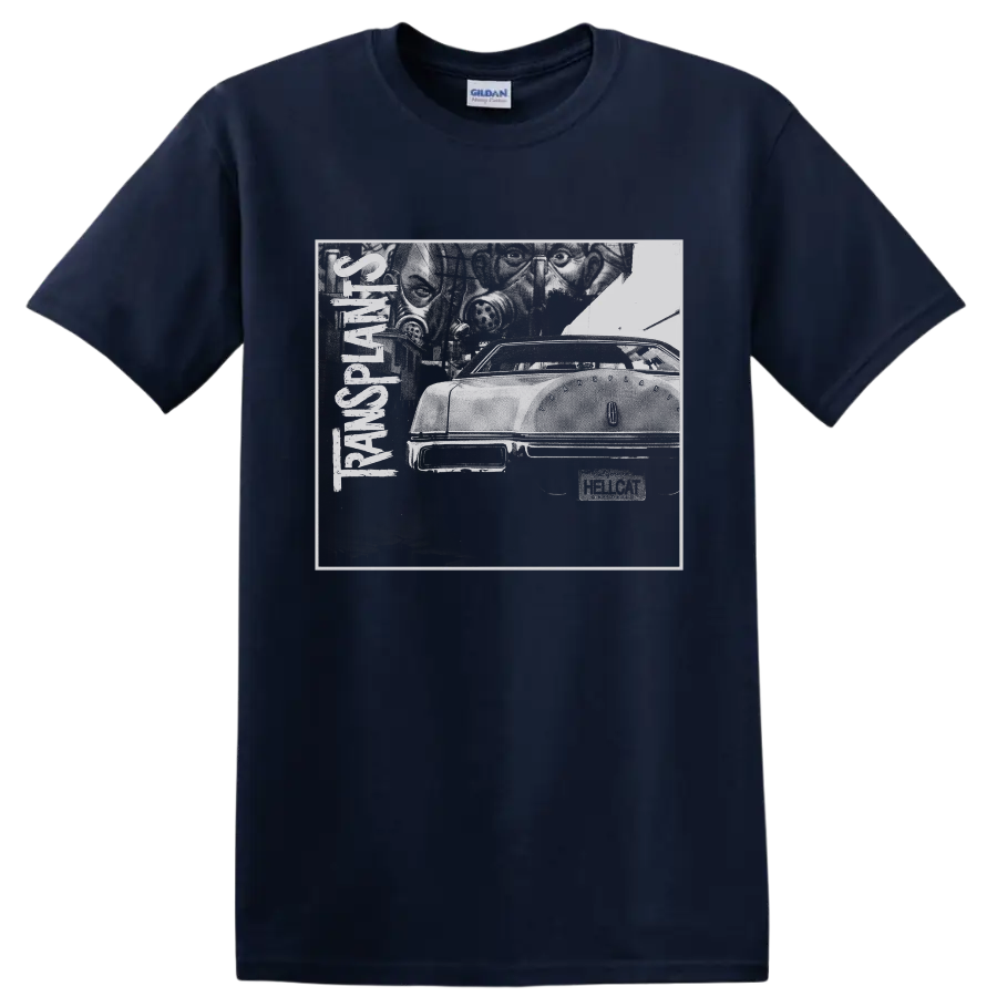 Transplants punk rock distressed car graphic with vertical band lettering on a Navy (Blue) T Shirt