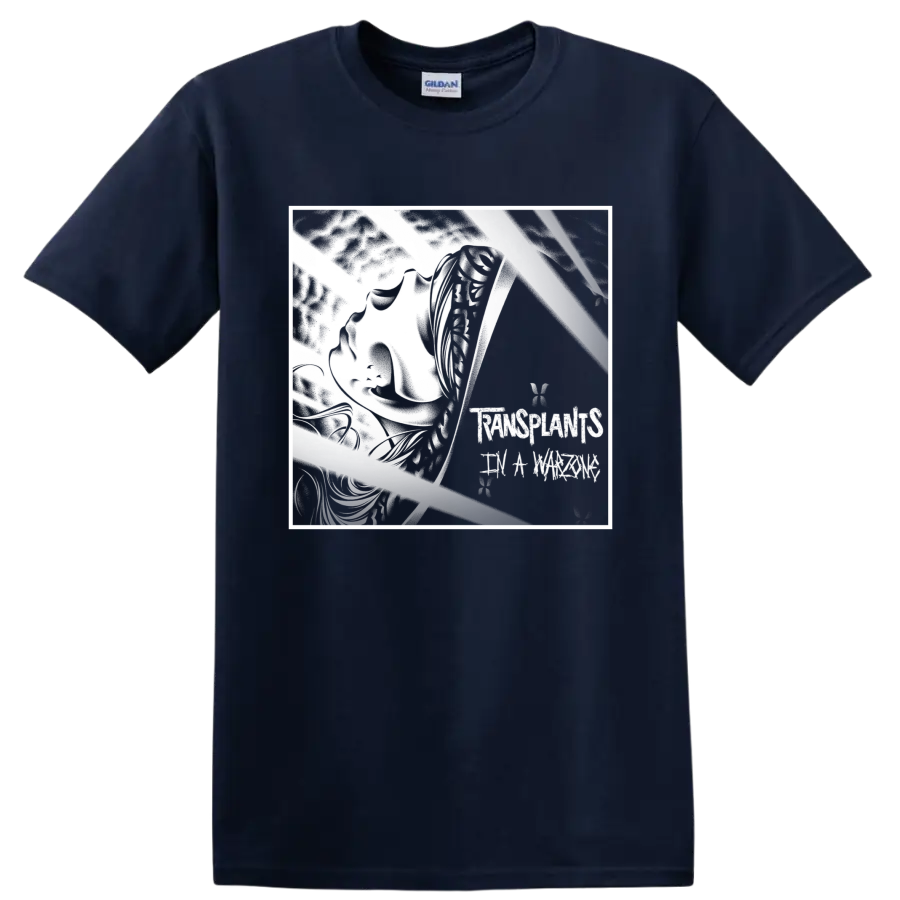 Transplants punk rock graphic with bold angular black-and-white emblem on a Navy (Blue) T Shirt