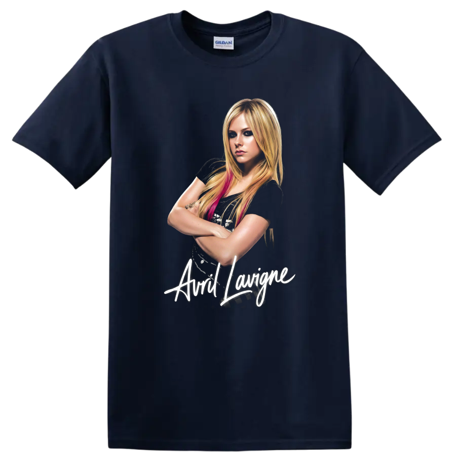 Avril Lavigne pop art portrait with white script lettering on a Navy (Blue) T Shirt