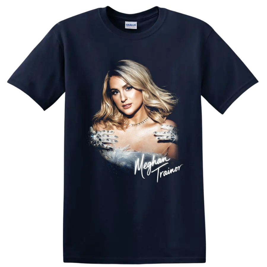 Meghan Trainor glamorous pop star portrait with script lettering on a Navy (Blue) T Shirt