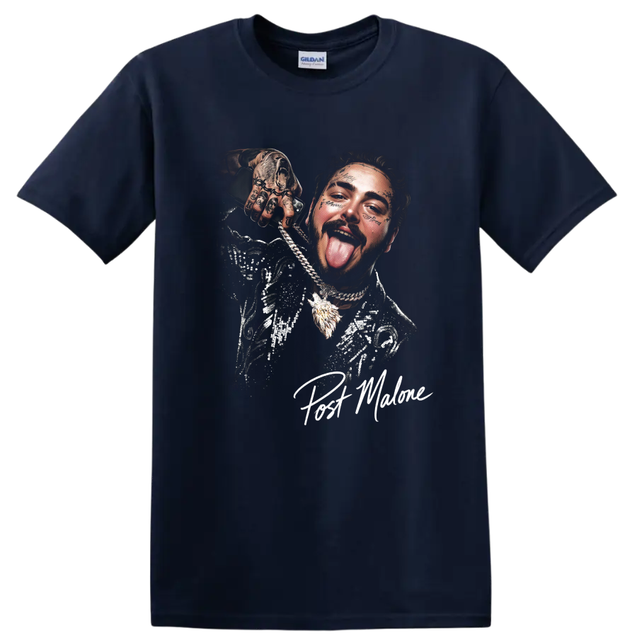 Post Malone stylized halftone portrait with chains and facial tattoos on a Navy (Blue) T Shirt