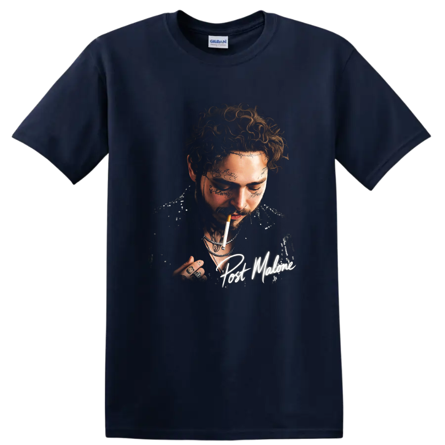 Post Malone portrait with handwritten signature, curly hair, and facial tattoos on a Navy (Blue) T Shirt