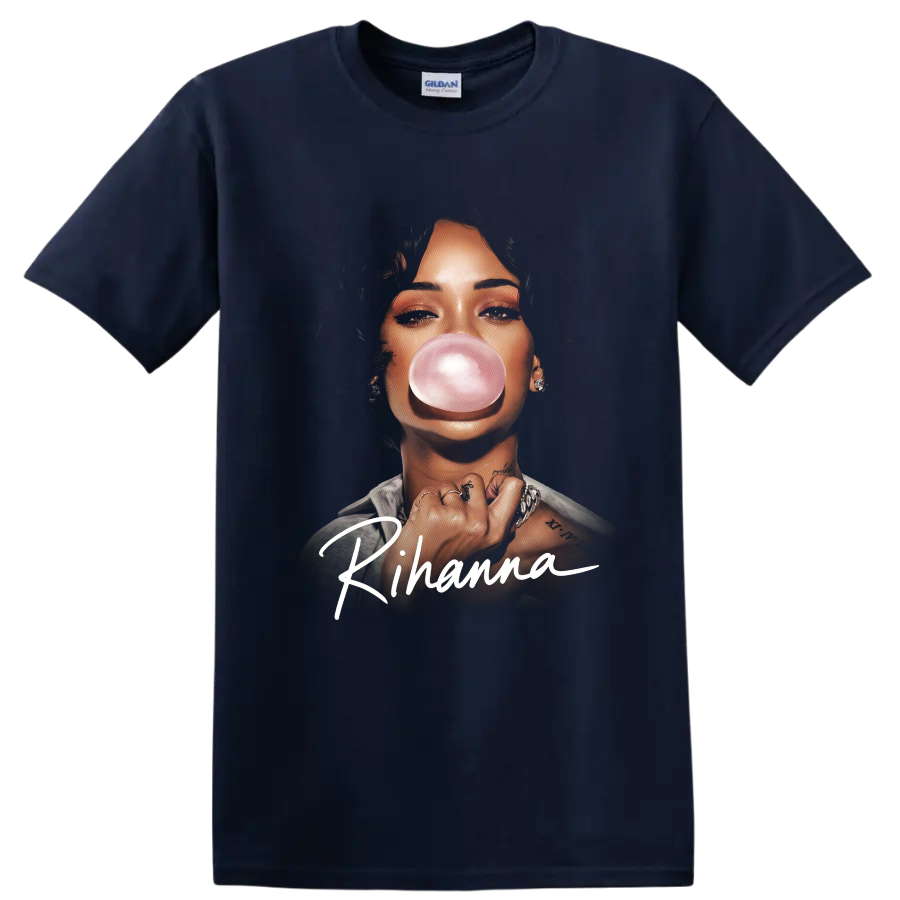 Rihanna pop-art portrait blowing a pink bubble with signature lettering on a Navy (Blue) T Shirt