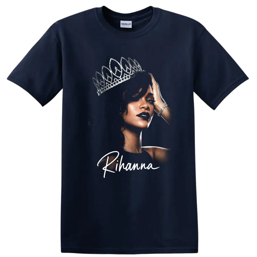 Rihanna portrait with silver crown and white script design on a Navy (Blue) T Shirt