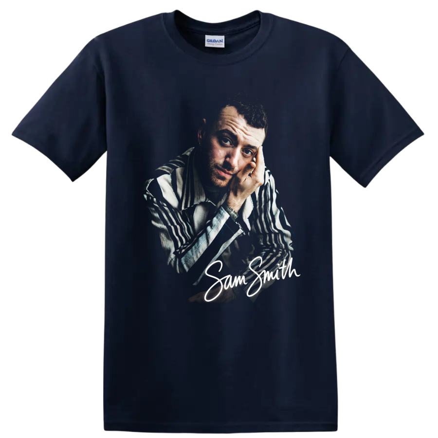 Sam Smith portrait fan art with handwritten signature on a Navy (Blue) T Shirt