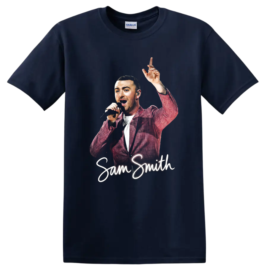 Sam Smith performing with microphone and raised hand, script name design on a Navy (Blue) T Shirt