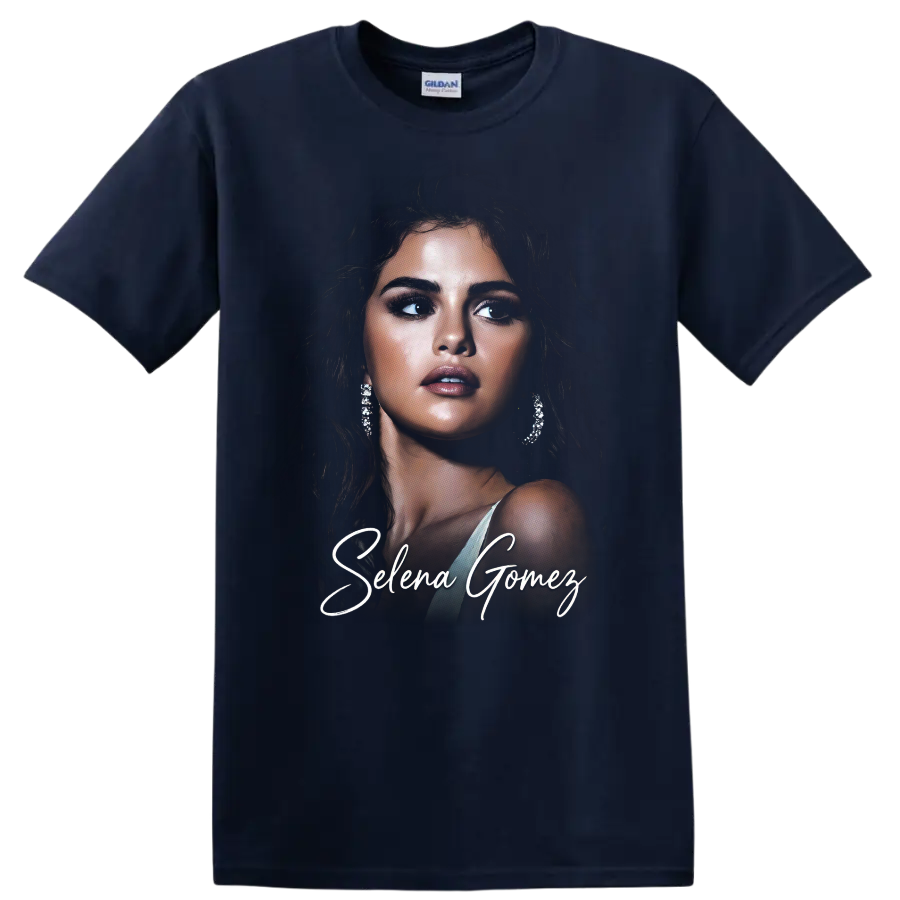 Selena Gomez glamorous digital portrait with white script lettering on a Navy (Blue) T Shirt