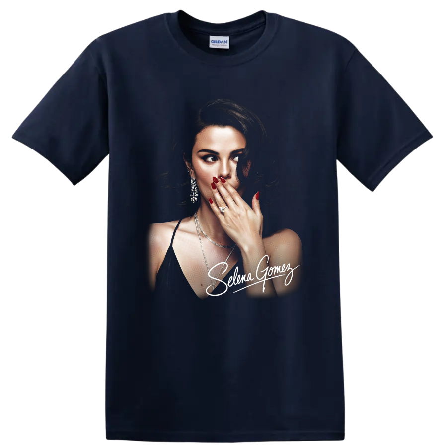 Selena Gomez portrait digital illustration with signature on a Navy (Blue) T Shirt