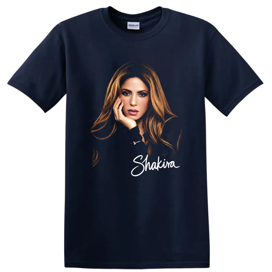 Shakira portrait fashion illustration with white script name on a Navy (Blue) T Shirt