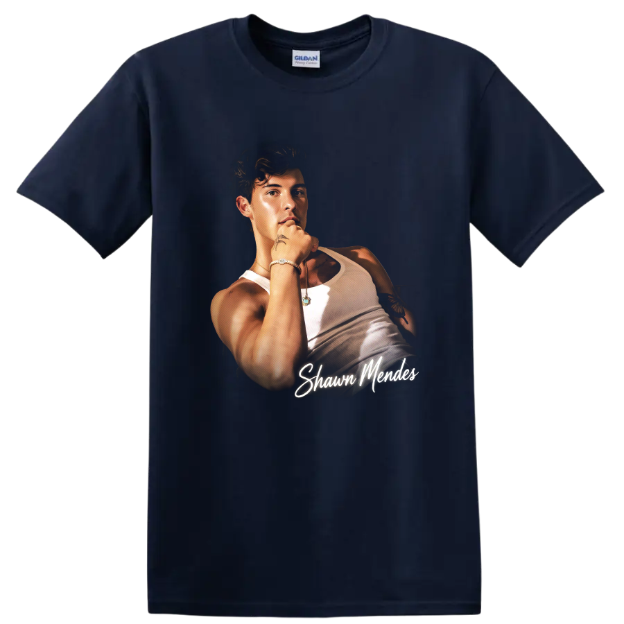 Shawn Mendes portrait fan art with white script lettering on a Navy (Blue) T Shirt