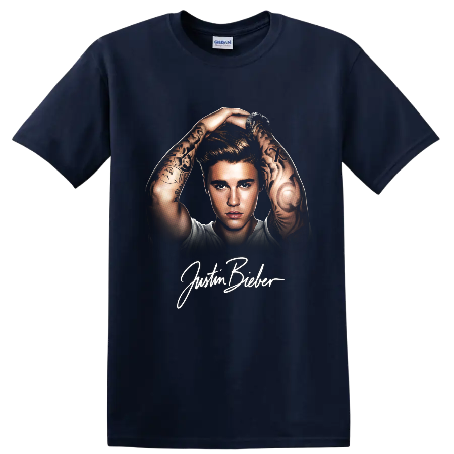 Justin Bieber pop-art portrait with tattooed arms and signature text on a Navy (Blue) T Shirt