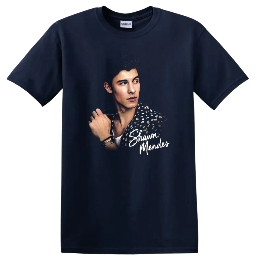 Shawn Mendes portrait graphic with script lettering and patterned jacket on a Navy (Blue) T Shirt