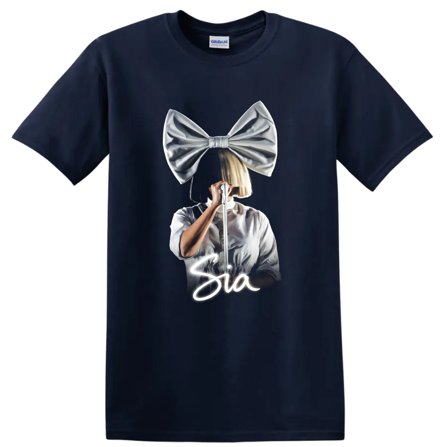 Sia-inspired pop singer with oversized bow and microphone graphic on a Navy (Blue) T Shirt