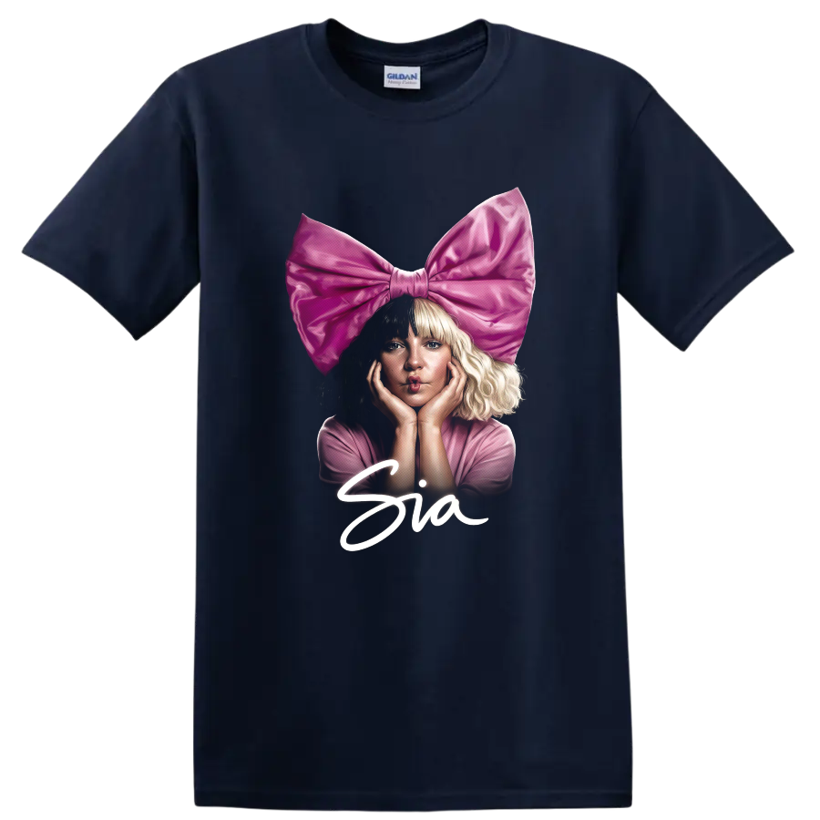 Sia fan art portrait with oversized pink bow and white script on a Navy (Blue) T Shirt