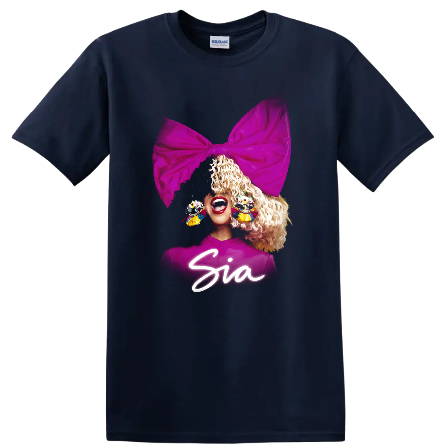 Sia pop star portrait with oversized pink bow and colorful earrings on a Navy (Blue) T Shirt