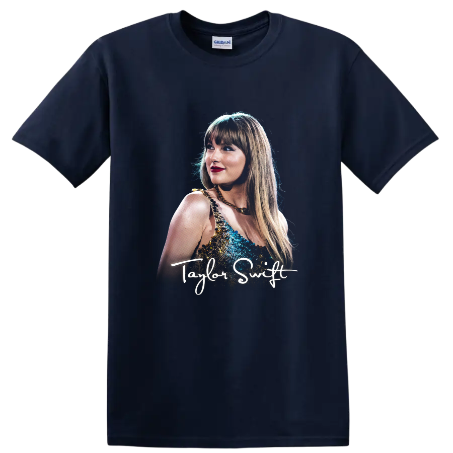 Taylor Swift Eras Tour portrait graphic with signature script on a Navy (Blue) T Shirt