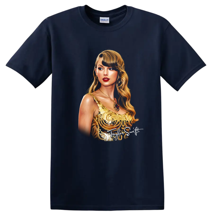 Taylor Swift Fearless era gold dress digital portrait with Taylor Swift text on a Navy (Blue) T Shirt