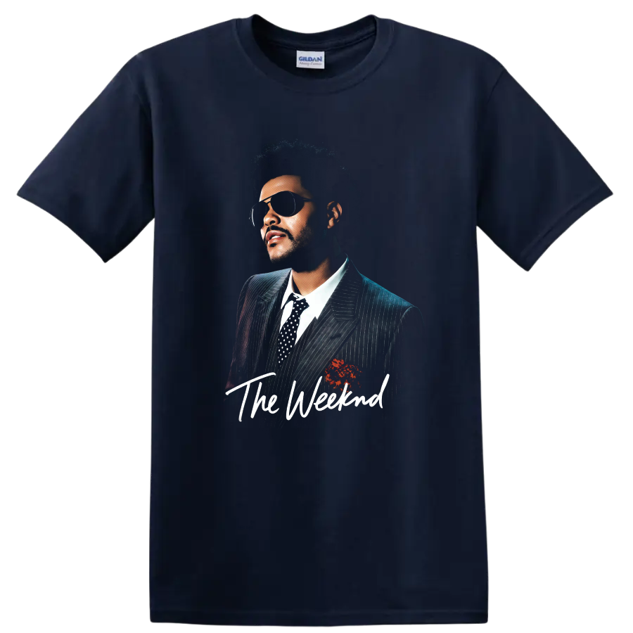 The Weeknd portrait graphic with sunglasses, pinstripe suit, and script text on a Navy (Blue) T Shirt