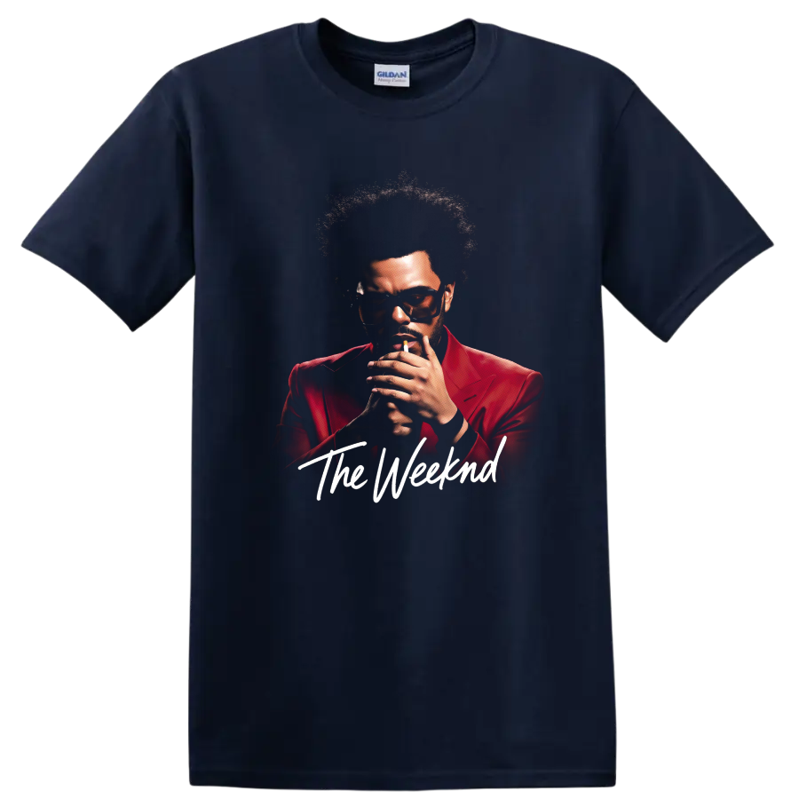 The Weeknd After Hours digital portrait in a red suit with script text on a Navy (Blue) T Shirt