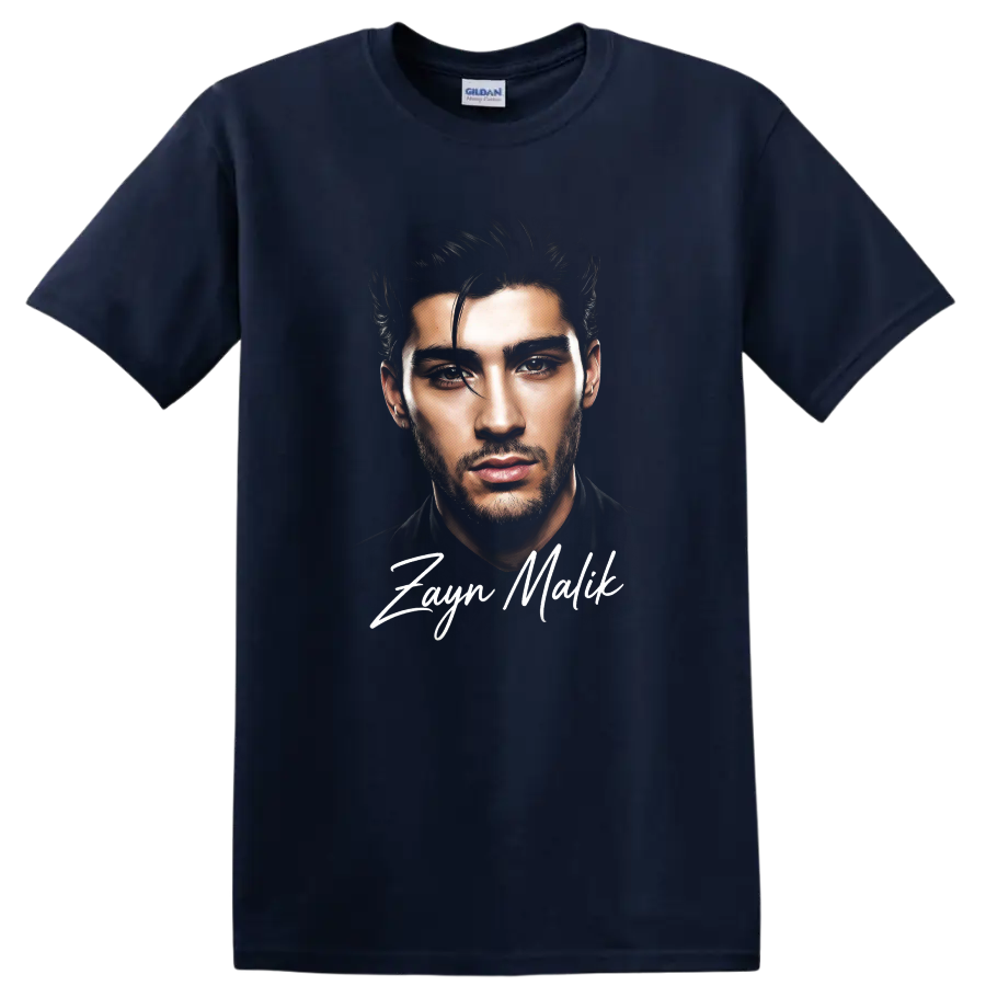 Watercolor-style Zayn Malik portrait with handwritten name lettering on a Navy (Blue) T Shirt