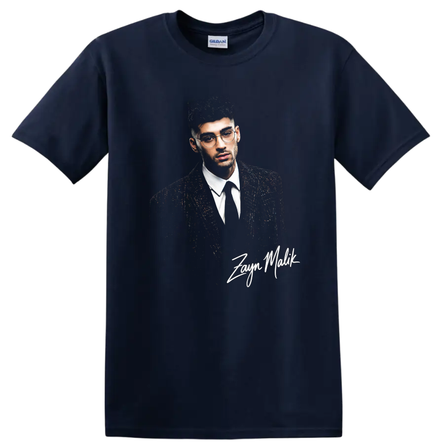 Zayn Malik portrait graphic print with signature text on a Navy (Blue) T Shirt
