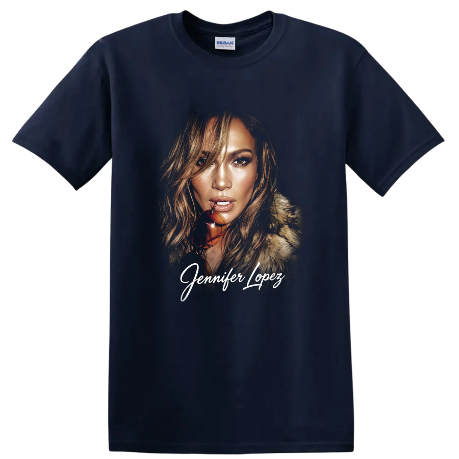 Jennifer Lopez stylized pop star portrait with signature script on a Navy (Blue) T Shirt